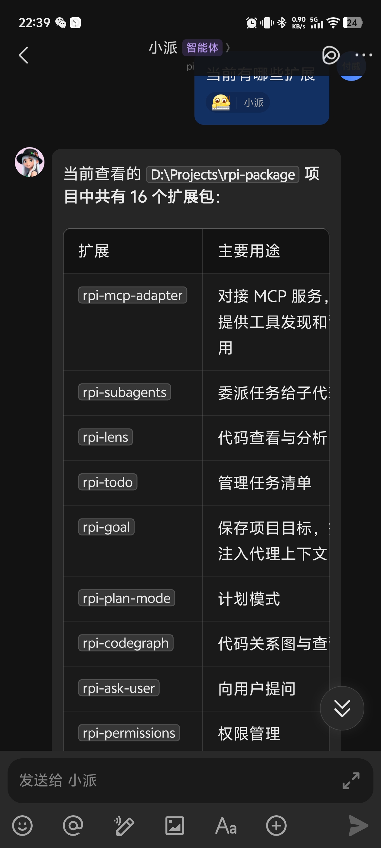 rpi Agent 在飞书中反馈工具执行状态的截图